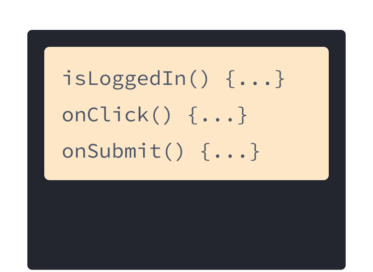 Trois gestionnaires JavaScript sur un fond sable : onSubmit, onLogin et onClick.